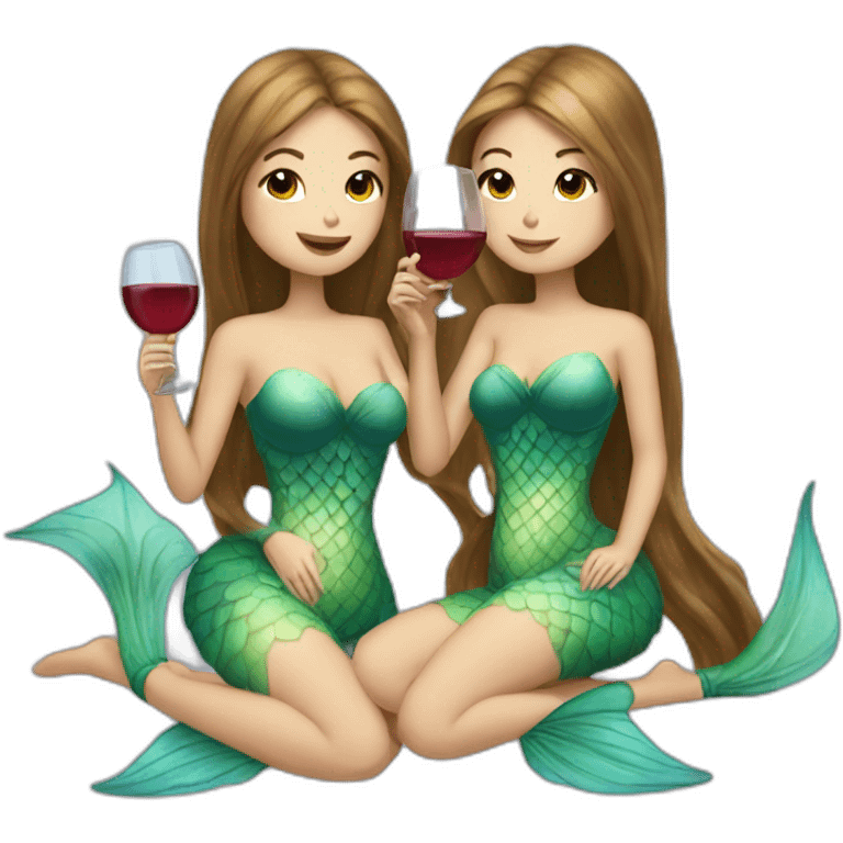 Three beautiful mermaids (two brown hair and blond one) drinking wine emoji