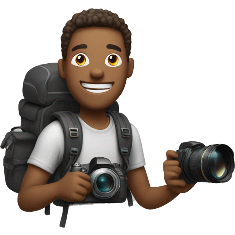 happy guy with backpack holding camera emoji