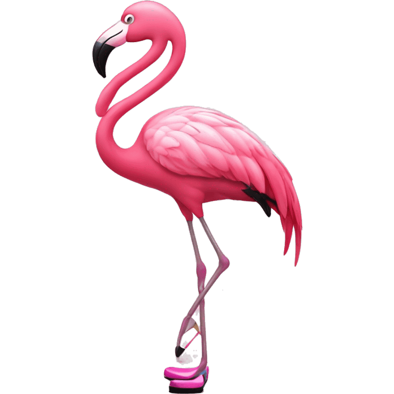 A pink flamingo with tap-dancing shoes emoji