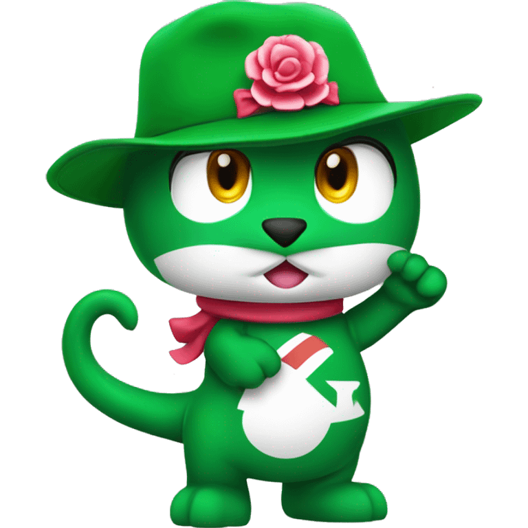 arsenal soccer team green gunnersaurus mascot wearing hello kitty character on hat emoji