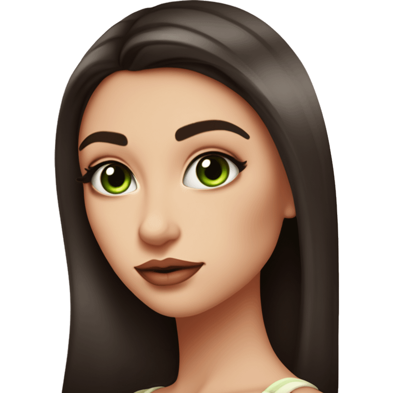 beautiful girl with high cheek bones orange blush, long straight shiny dark brown hair, big green eyes and big pale pink lips. Long thick eyelashes. Wearing a cream bustier.  She is smirking emoji