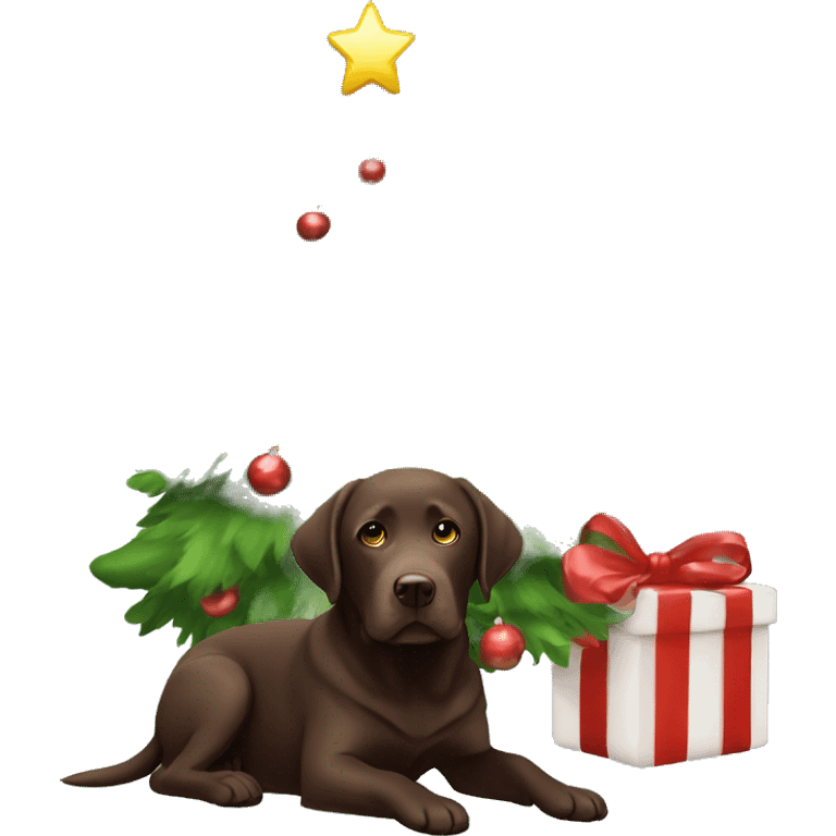 Chocolate Labrador under a Christmas tree emoji