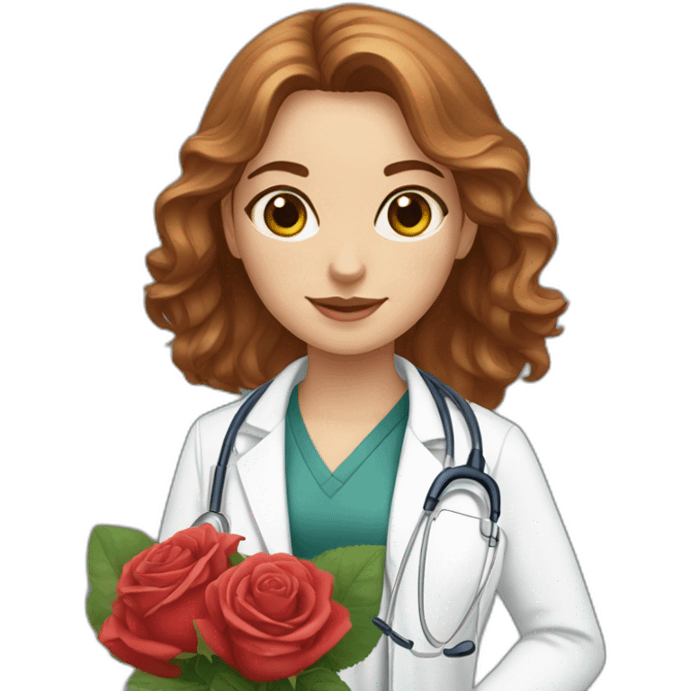 White doctor girl, chestnut hair, hazel eyes, with a bouquet of roses emoji