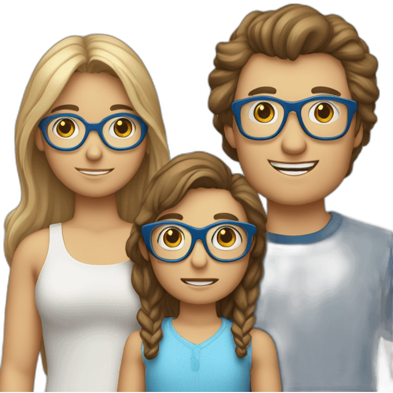 Familia de 4 personas: padre calvo con gafas, madre rubia de pelo largo, niño rubio de 8 años con gafas azules  y niño de pelo castaño de 12 años con gafas azules emoji