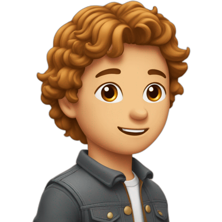 Jongen met wavy bruin haar tot schouders op paard emoji