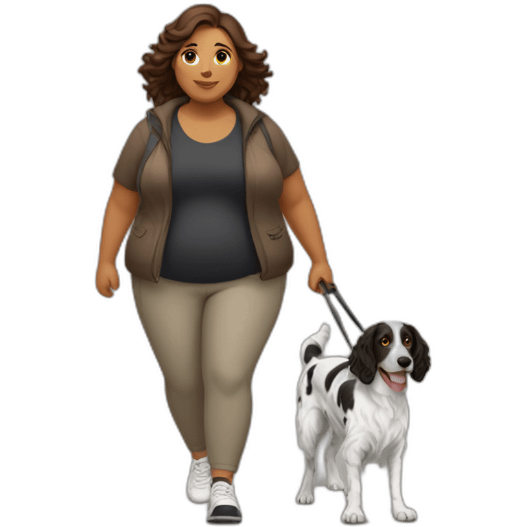 fat Woman with brown hair and english setter black white going for a Walk emoji