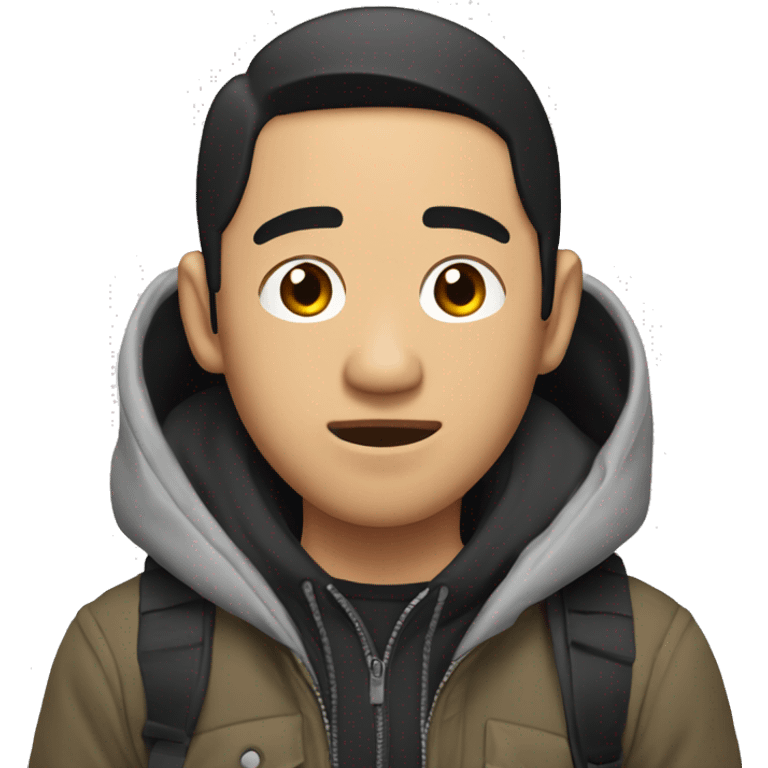 an asian man with black hair partially falling down his face; he is wearing a hoodie and a jacket on top; he has a black backpack on his shoulders emoji