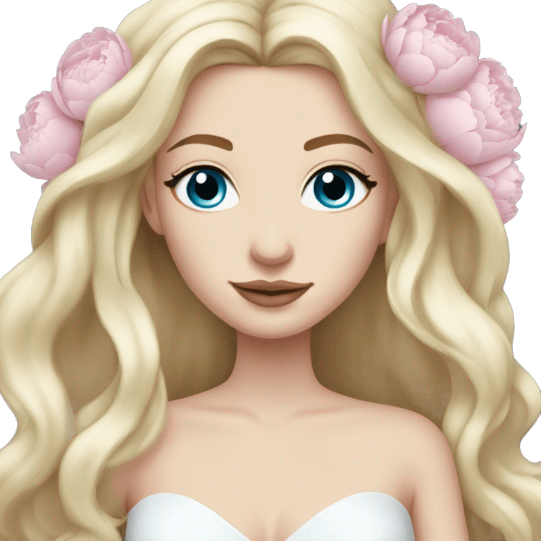 White bride with long light blonde hair and blue eyes with light pink peonies in hair white skin  emoji