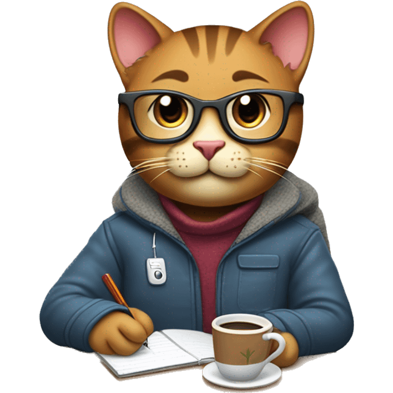 "Create an emoji of a happy brown cat with computer glasses, typing on a computer and taking notes. The cat is sitting on an ergonomic chair with a coffee mug and a potted plant, wearing a winter jacket because the office AC is cold." emoji