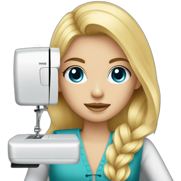 Blonde fashionable girl with blue eyes sewing emoji