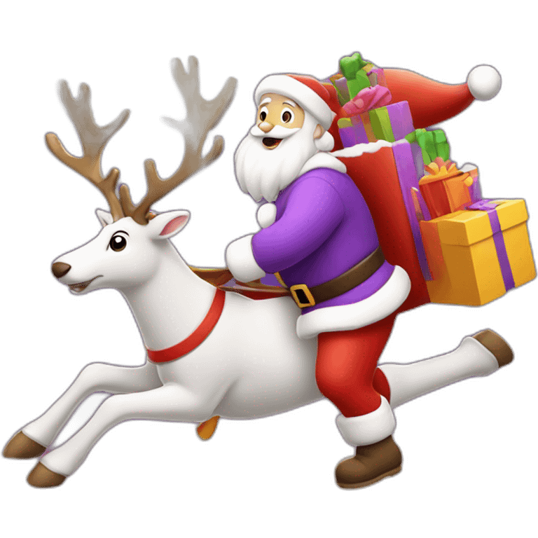 Santa Claus dressed in purple running with the reindeer to deliver the presents emoji