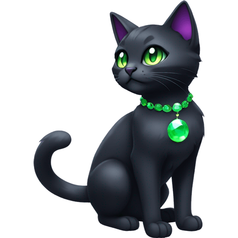 Shiny, Sparkly, Black Dark-type-Fakémon-Cat Purple eyes, green gem, full body emoji