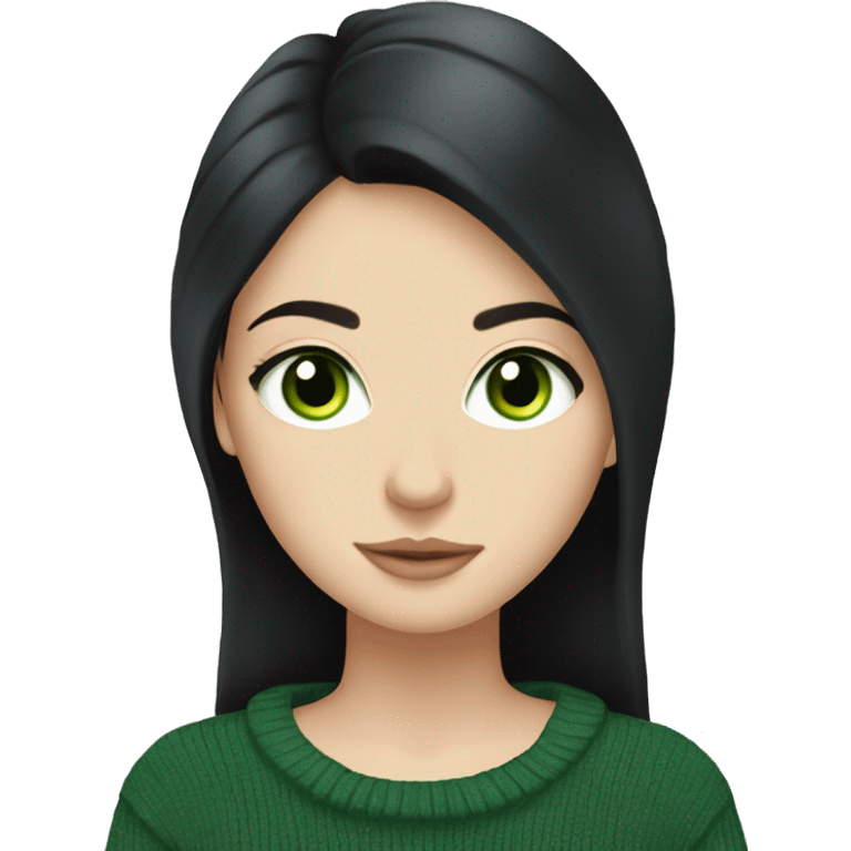 White girl with black hair and green eyes in a black sweater reading emoji