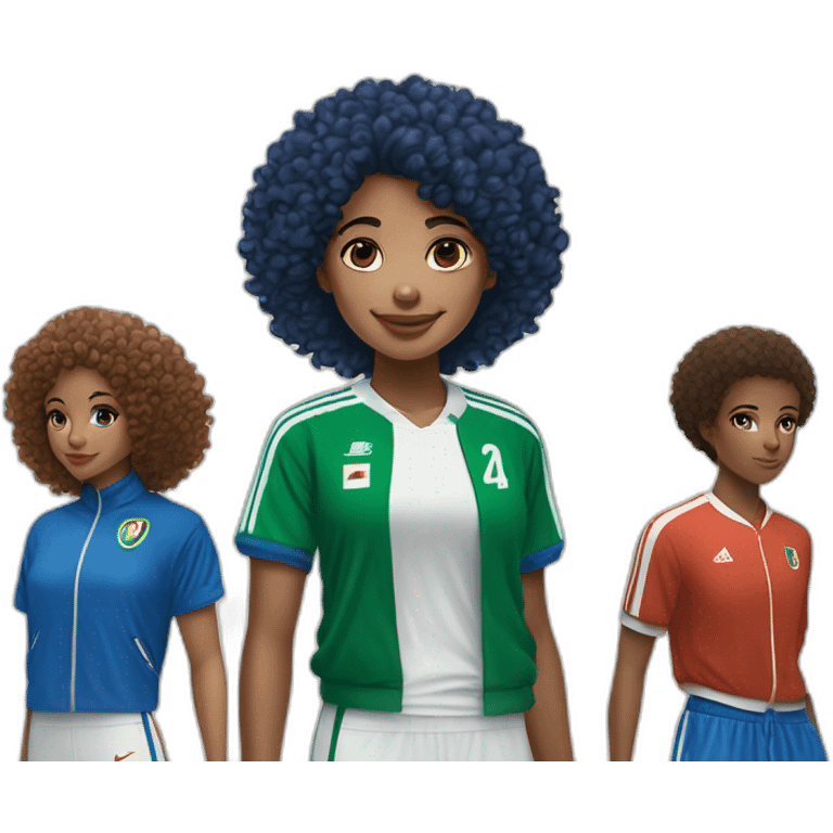 girl curly hair and a Algeria jersey blue and jogging blue, Nike blazer blue and swoosh blue who says goodbye emoji