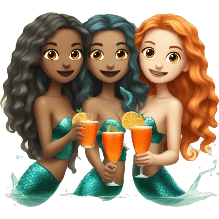 Three beautiful mermaids (light skin) drinking aperol emoji