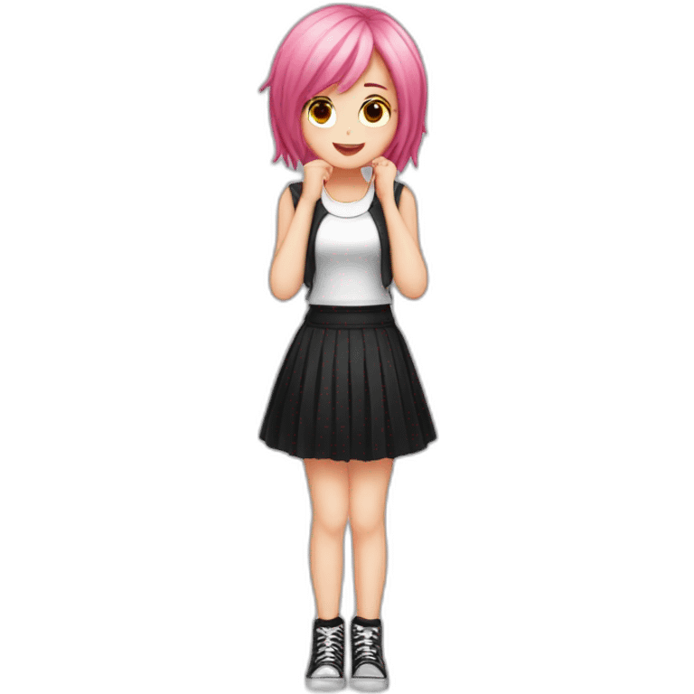 Full body Front view curvy emo girl pink hair sits on the floor straight view hands up black skirt полосатые рваные чулки emoji