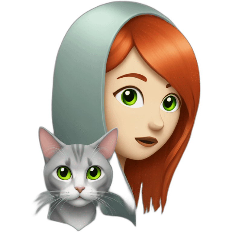 Girl with long straight red hair, sad and heavy metal with white and grey cat with green eyes over her head  emoji