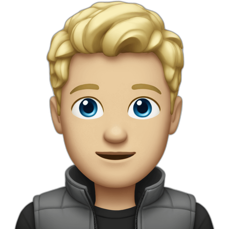 A blond man with blue-gray eyes is wearing a gray jacket and a black vest emoji