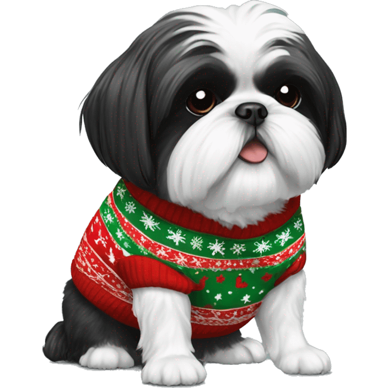 black and white shih tzu wearing a christmas jumper emoji