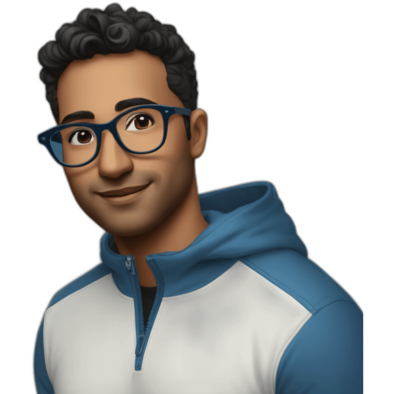 29 year oldindian tech founder clean shaven in blue quarter zip with black and white tortoiseshell glasses emoji