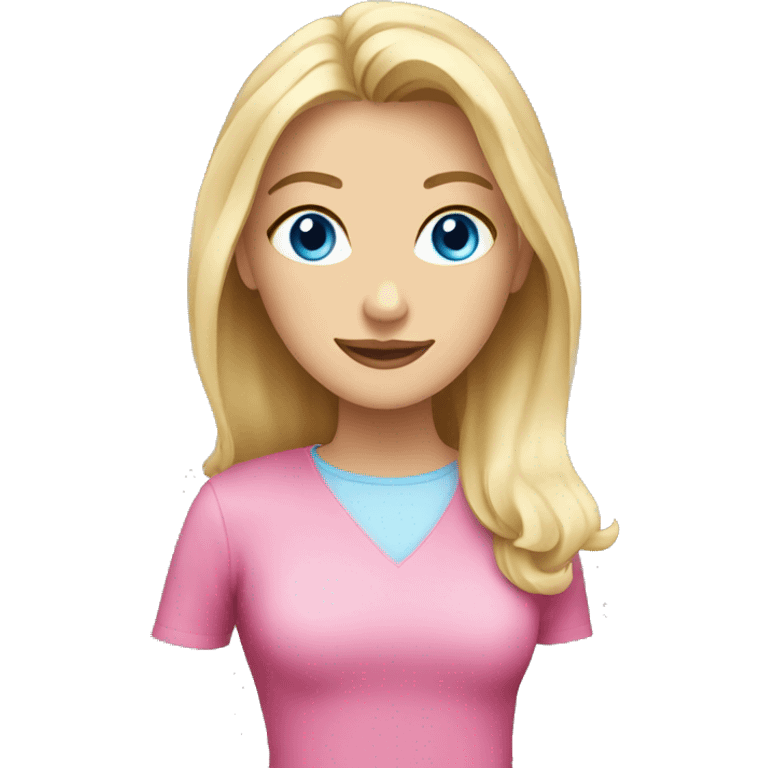 Blonde girl with strait hair and blue eyes with pink top coffee emoji