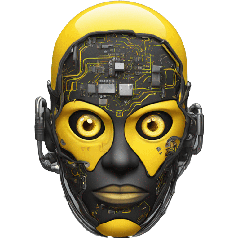 black and yellow cyborg head with circuitry, one artificial eyeball, and yellow goatee emoji