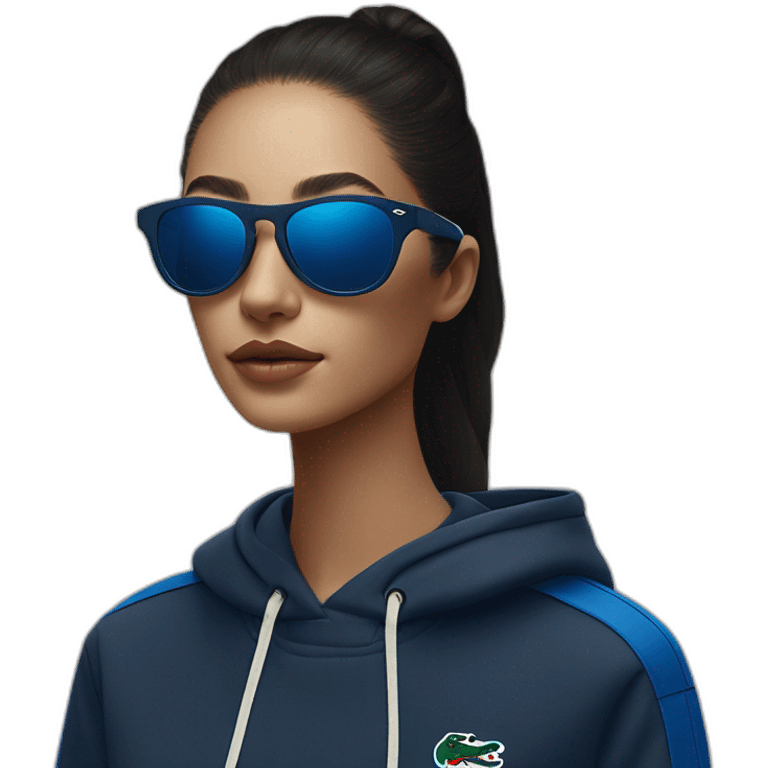 Lacoste bag girl with black lacoste hoodie e and blue oakley sportive sunglass  emoji