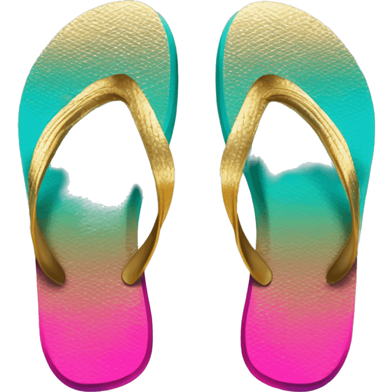 Realistic metallic gold ,hot pink and dark turquoise gradient pair of summer flip flops isolated. emoji