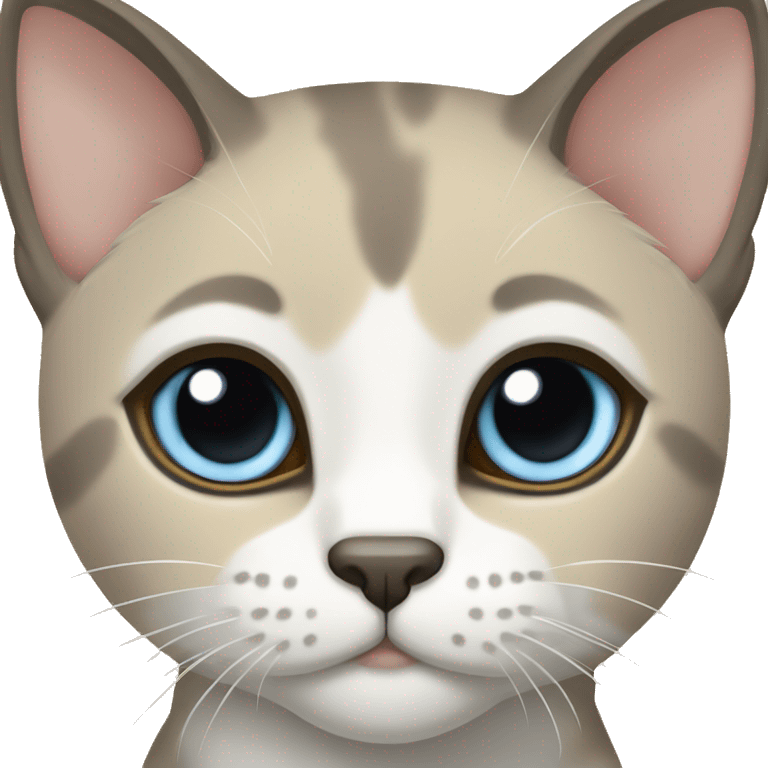 Thai breed adult cat with a light cream-brown body, dark gray nose and face, ears, and paws. sharp ears, and striking light blue eyes  emoji