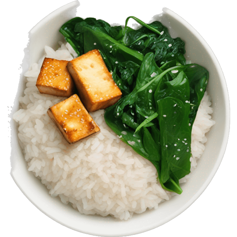 a bowl with white rice and crispy sesame tofu and spinach emoji