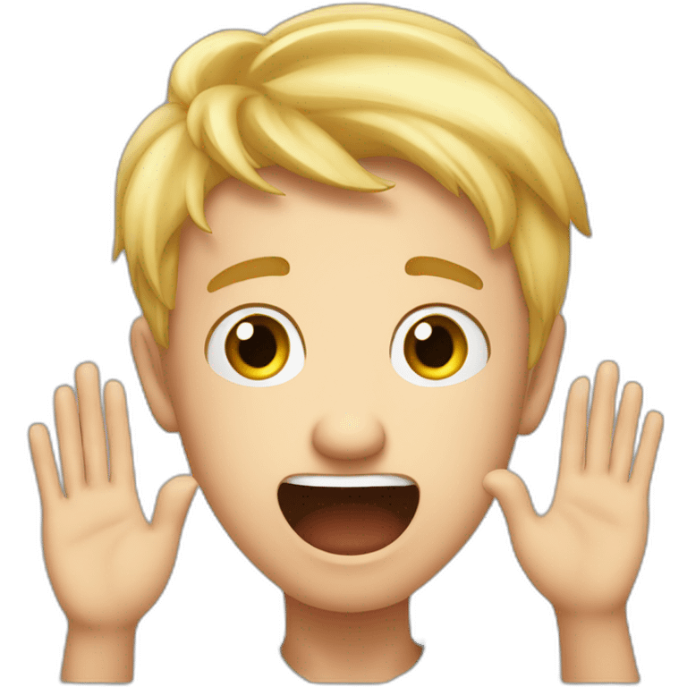 It was not me, I am innocent. Portrait of confused nervous little blond man raising palms up in surrender and staring emoji