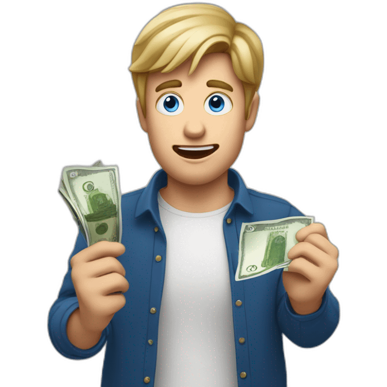 White guy with dark blond hair and blue eyes holding a euro bill in his hands acting surprised emoji