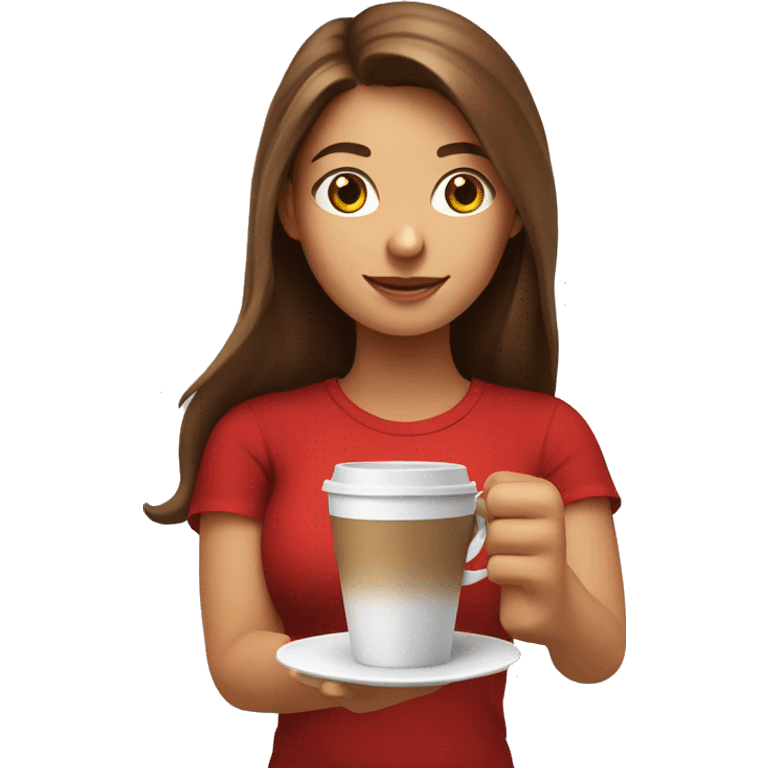 barista girl in a red t-shirt with long brown hair, with a cup of coffee in a hand emoji