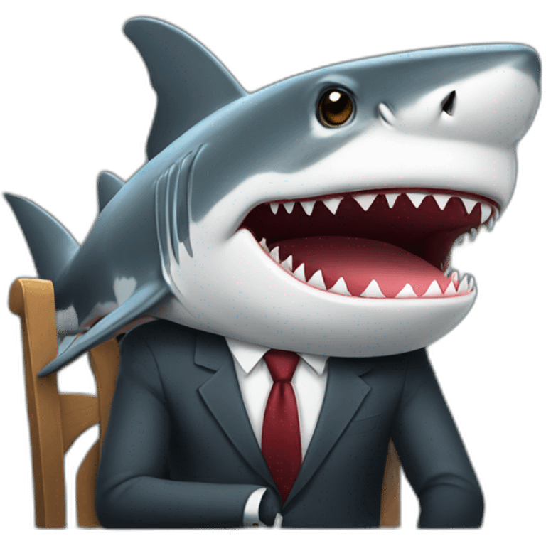 A shark sitting at a table wearing a suit looking straight ahead emoji