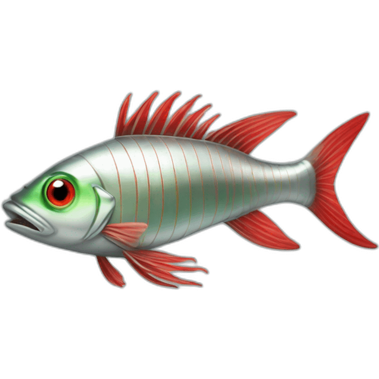 2 ft. Long silver fish with red lines down it and big green eyes and 7 fins emoji