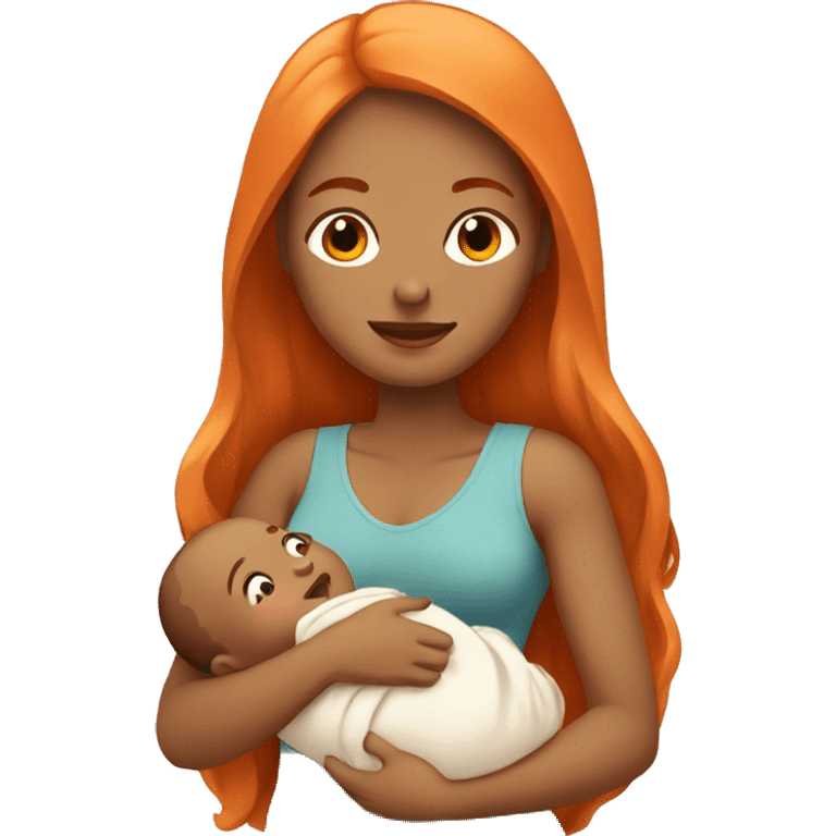 Tan girl with long orange hair holding newborn baby in arms emoji