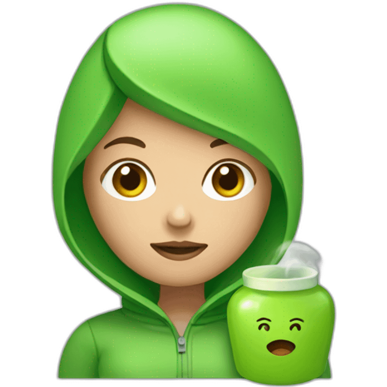 Woman with round head and green hoodie and hot water bottle in her hand  emoji