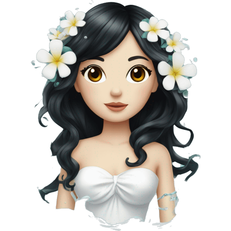 Pretty young Lady doll with black hair flowers in hair white dress surrounded by flowing water emoji