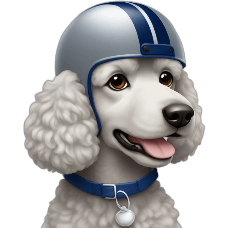 Poodle wearing a grey football helmet with dark blue stripe emoji