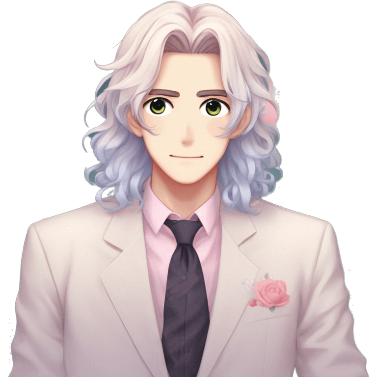 Gorgeous romantic hot attractive anime style modern gentlemanly anime shojo guy with long pretty lustruous hair and colorful eyes and blushing face aesthetic trending style  pastelcore cottagecore kawaiicore emoji