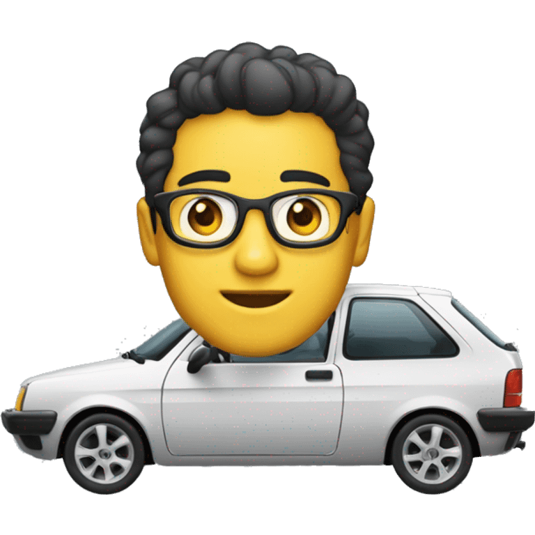 Um carro New fiesta tunado com um jovem loiro com o cabelo do lado e de óculos escuro ao lado  emoji