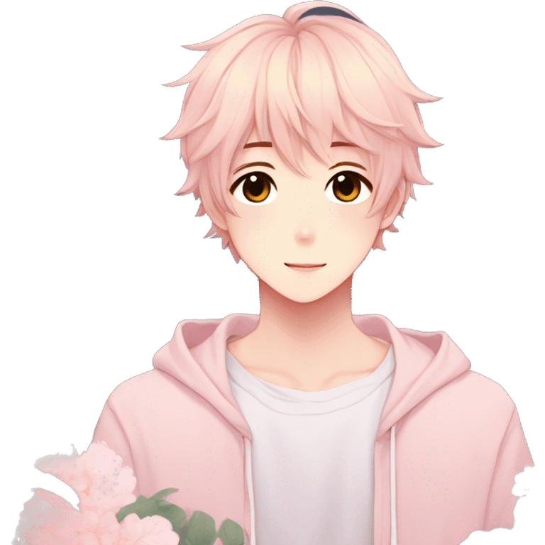 Gorgeous pastel anime style shojo guy with blushing face and flowers aesthetic trending style emoji