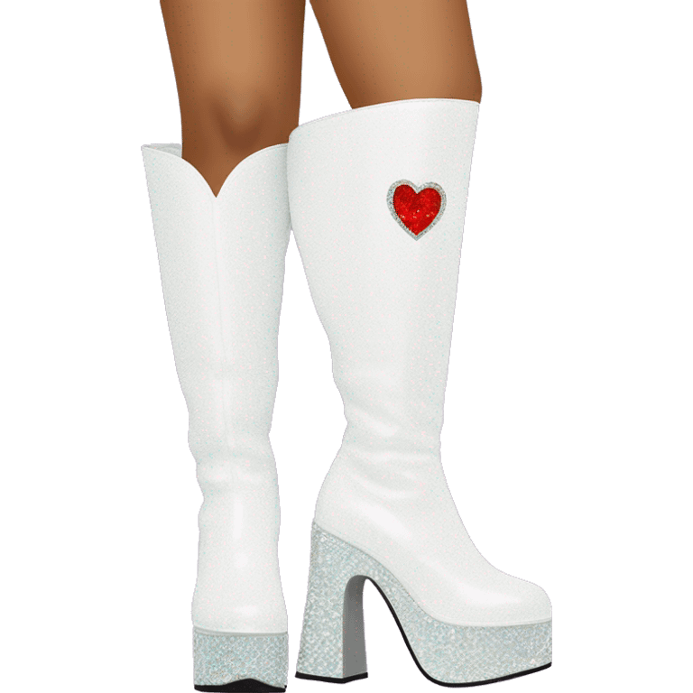 glittery white knee high platform gogo boot with a sparkly bedazzled cutout heart on the side emoji