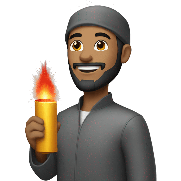 Muslim man holding a firecracker and building emoji