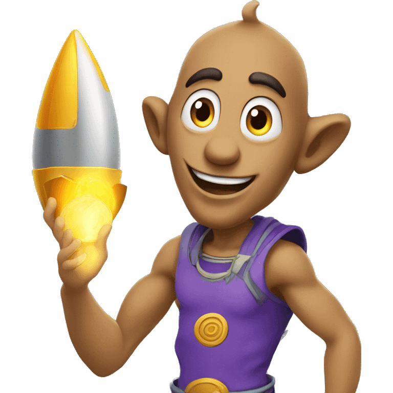 genie with a unnamed coin in his hand on a rocket emoji