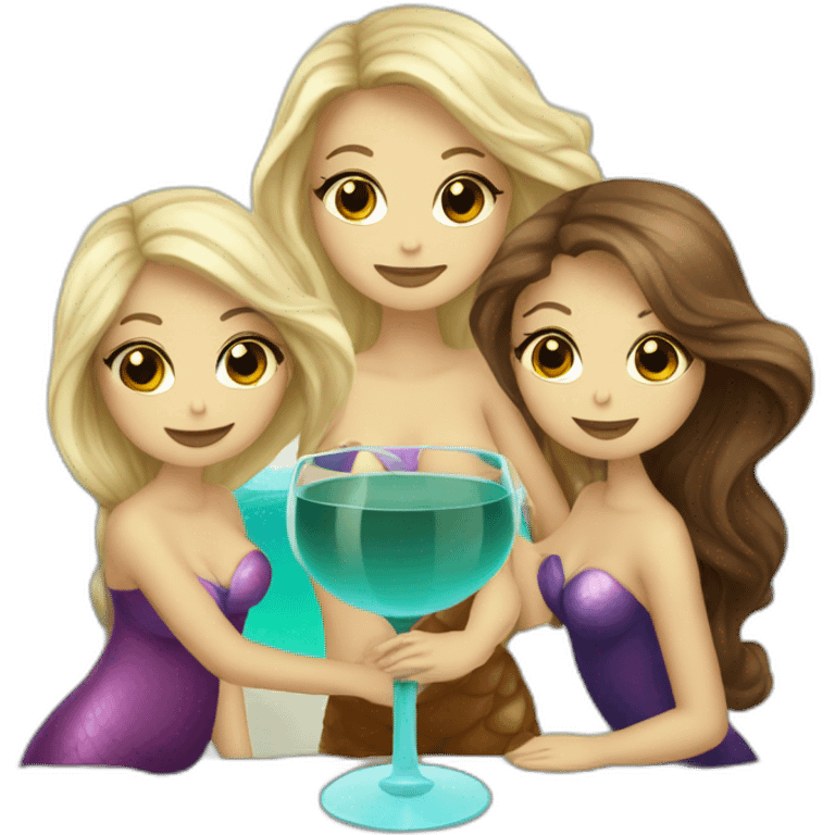 Three beautiful mermaids (one blond and two brown hair) drinking wine emoji