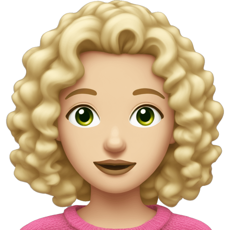 Caucasian brunette girl with curly hair and green eyes and a pink sweater blonde hair and big lips  emoji