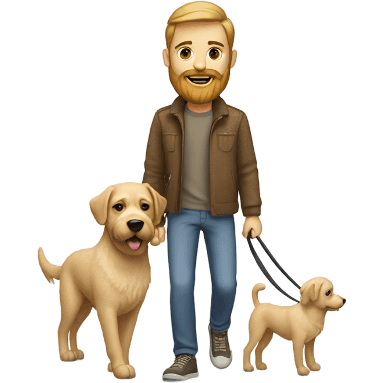 Bearded man taking his short hair beige dog for a walk  emoji