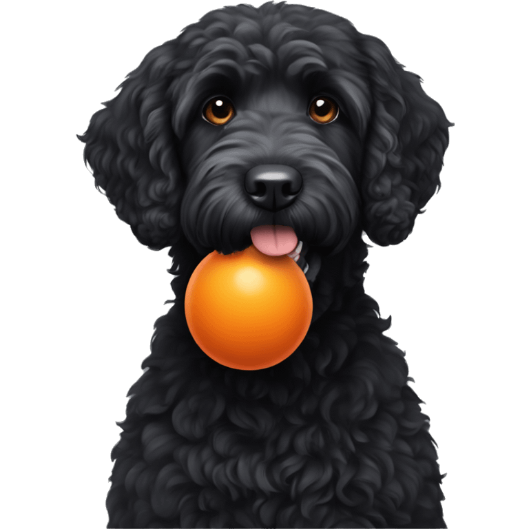 black labradoodle with orange ball in mouth emoji