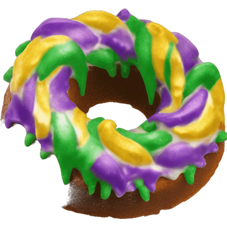 Realistic isolated flat mardi gras oval bundt king cake with glitter icing on top half of the cake. emoji